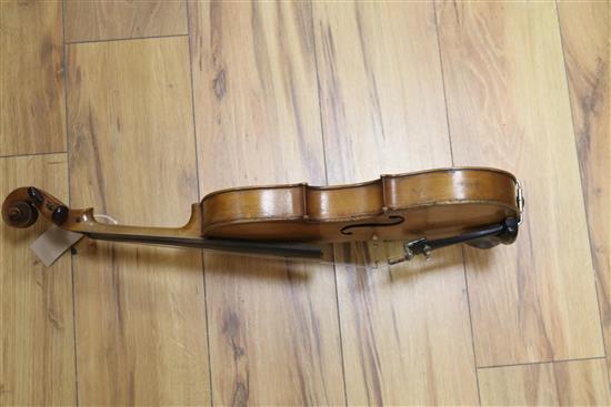 A violin with two piece back, bearing a label for Vasciscus Gobetti Fecit, overall 23.5in., cased